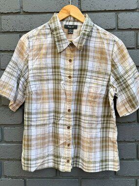 Style &Co Madras Gold Lurex Plaid Button Up Camp Shirt Blouse Outdoors Casual L
